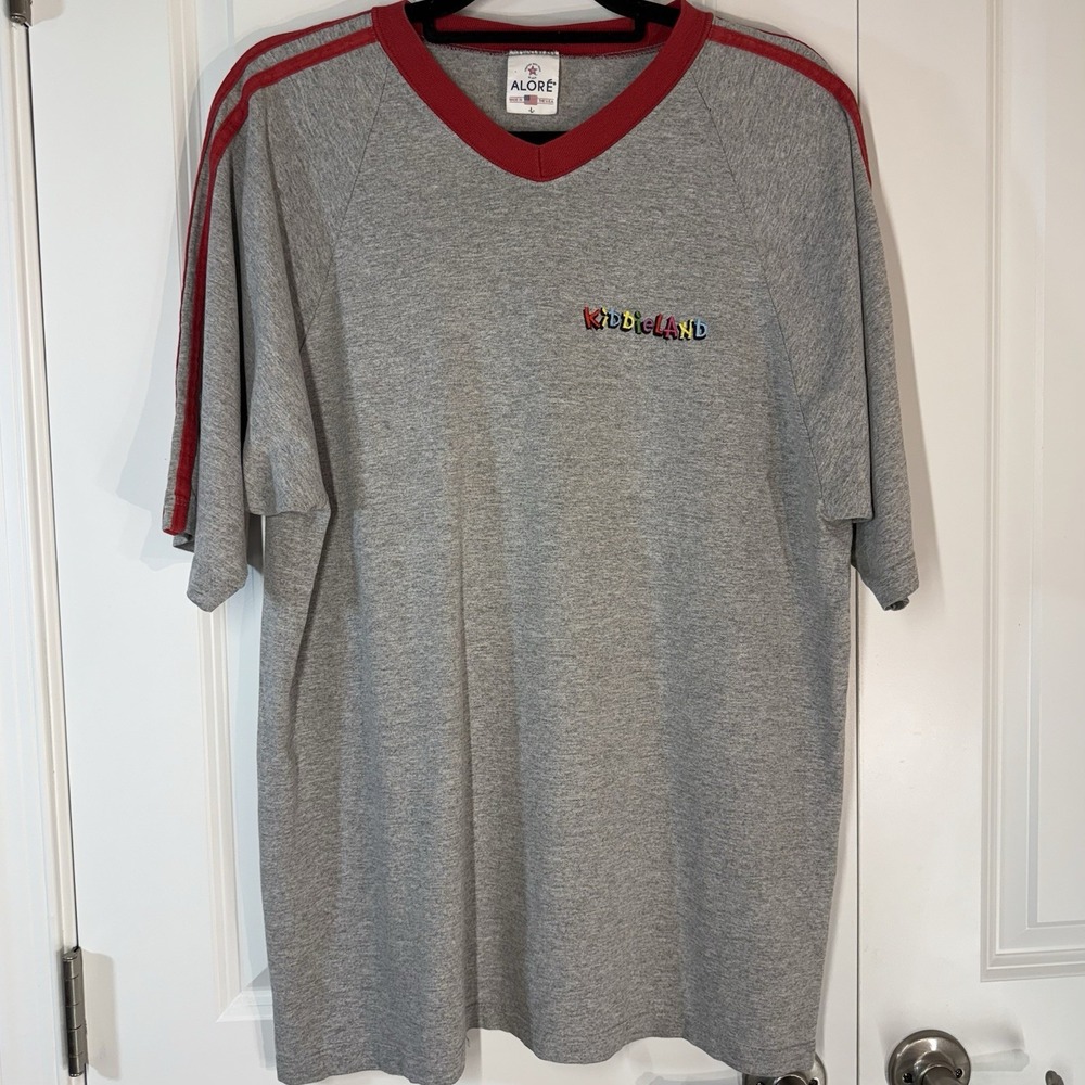 Vintage Kiddieland Racing Stripe T-Shirt Embroidered Grey Men's Sz L Made In USA